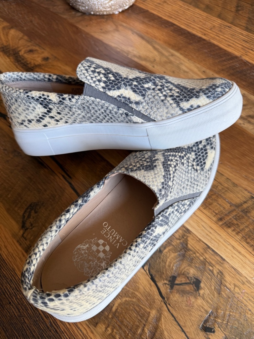 Vince Camuto Cream and Black Snake-Print Slip-On Sneakers